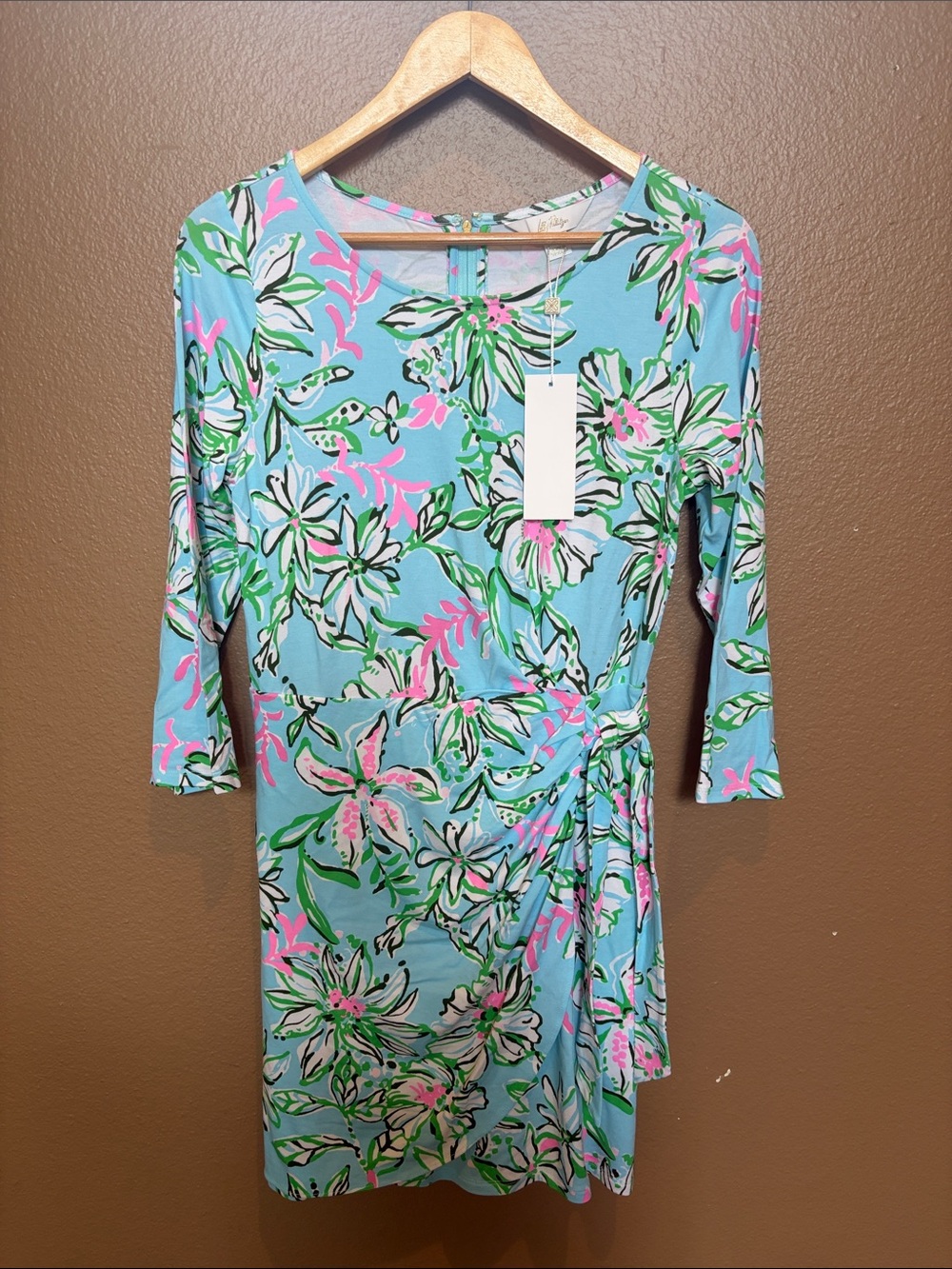 NWT Lilly Pulitzer Blue Floral Wrap Dress with Pink & Green Accents